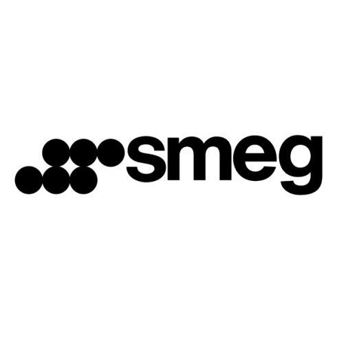 Logo Smeg nero con icona a grappolo di punti su sfondo bianco.