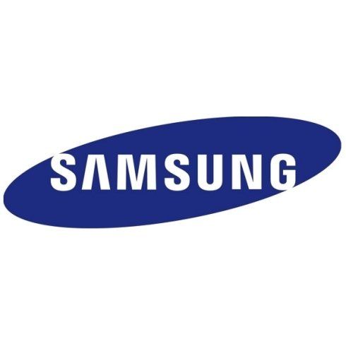 Logo Samsung con testo bianco su sfondo ovale blu.