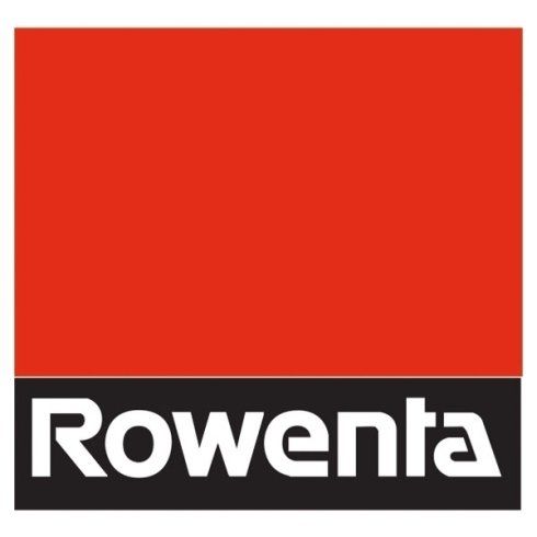 Logo Rowenta con blocco superiore rosso e fascia inferiore nera con testo bianco
