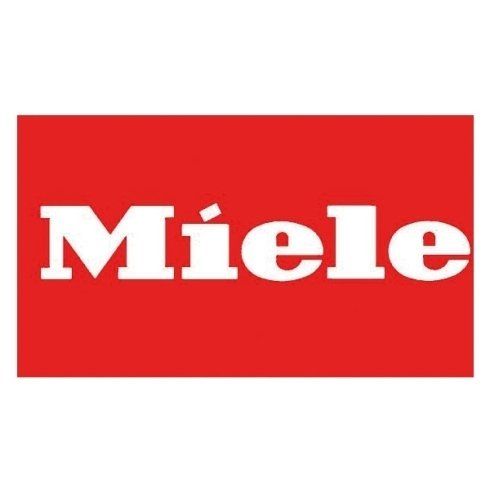 Logo Miele in bianco su sfondo rettangolare rosso.