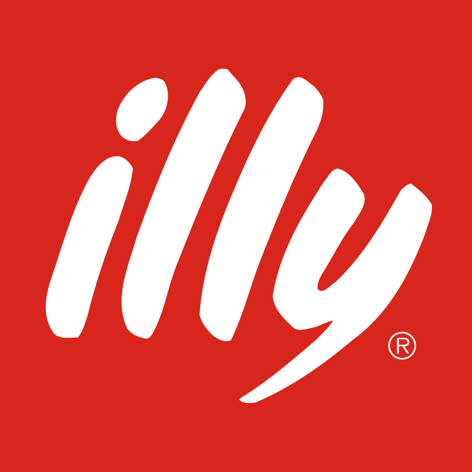 Logo bianco “illy” su sfondo rosso con un piccolo simbolo di marchio registrato.