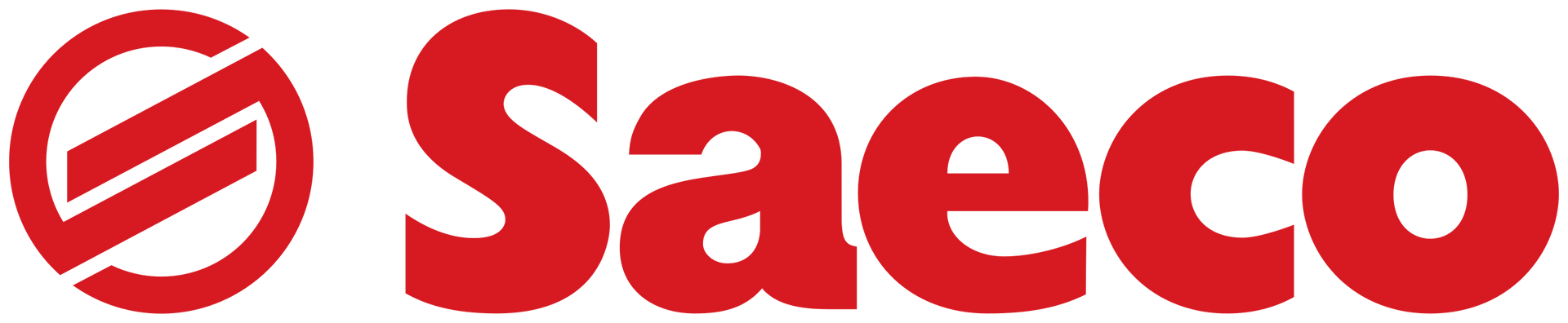 Logo Saeco in rosso con emblema circolare stilizzato su sfondo bianco.