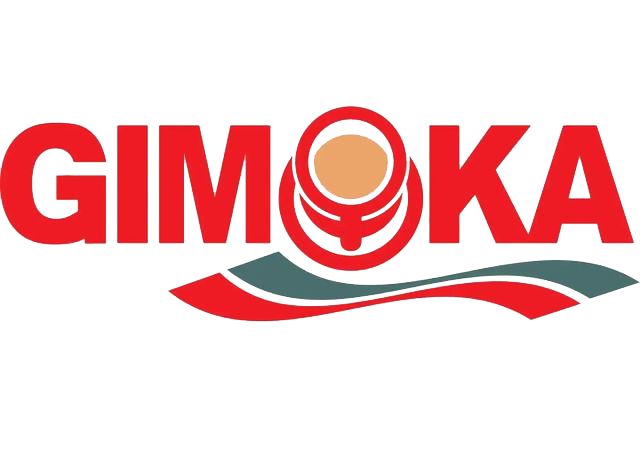 Logo GIMOKA in rosso con una tazza di caffè stilizzata e un disegno a onde nei colori rosso, beige e grigio.