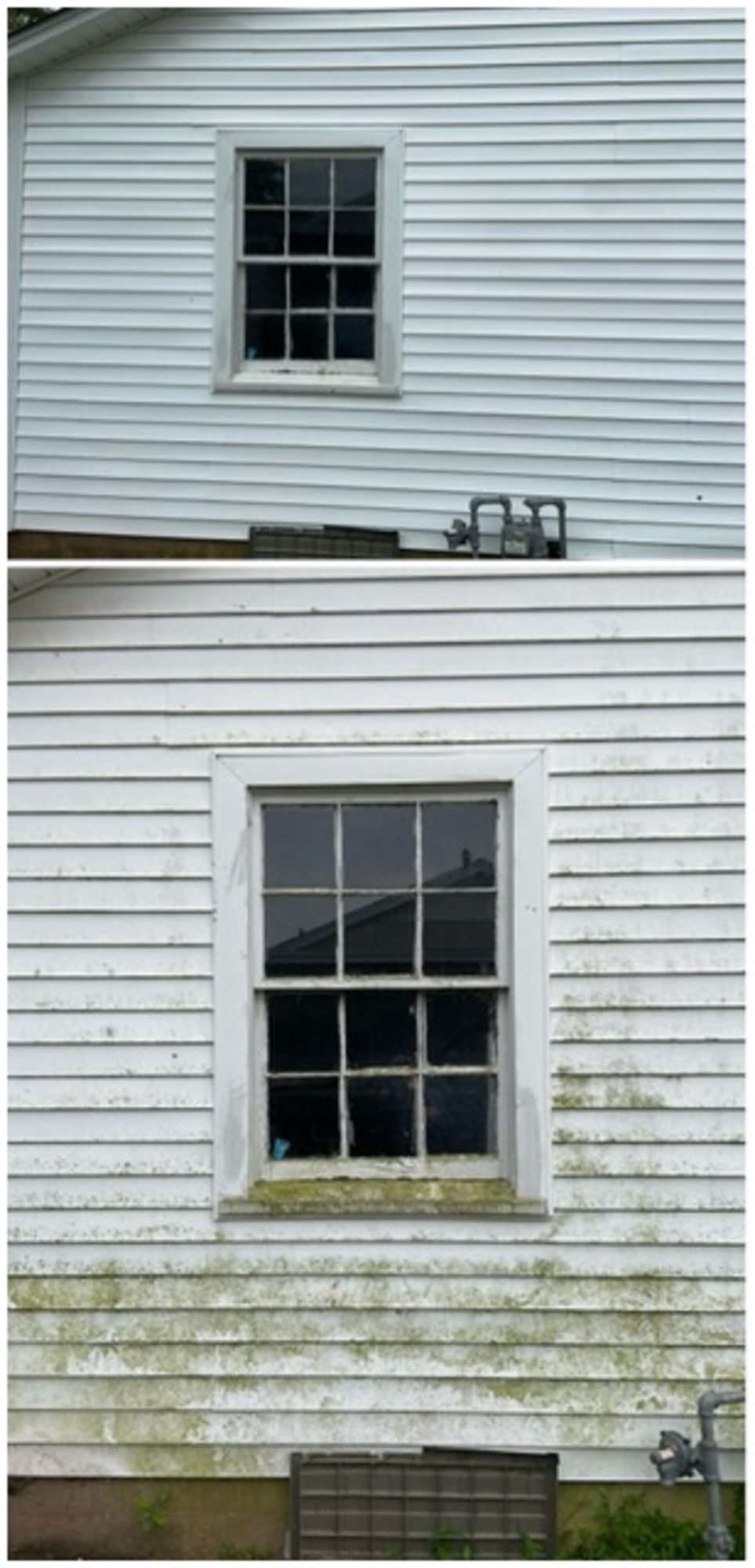 A before and after picture of a white house