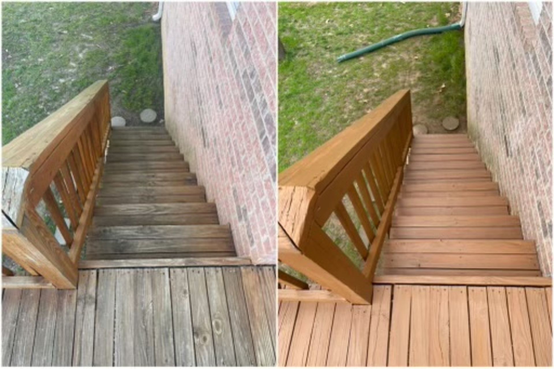 A before and after picture of a wooden deck with stairs.
