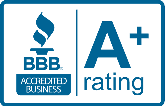 A blue and white bbb accredited business rating logo.