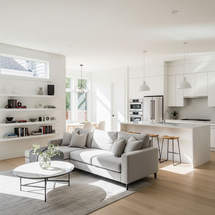 Bright modern living room with gray sofa, white kitchen, open shelves, and sunlight streaming in
