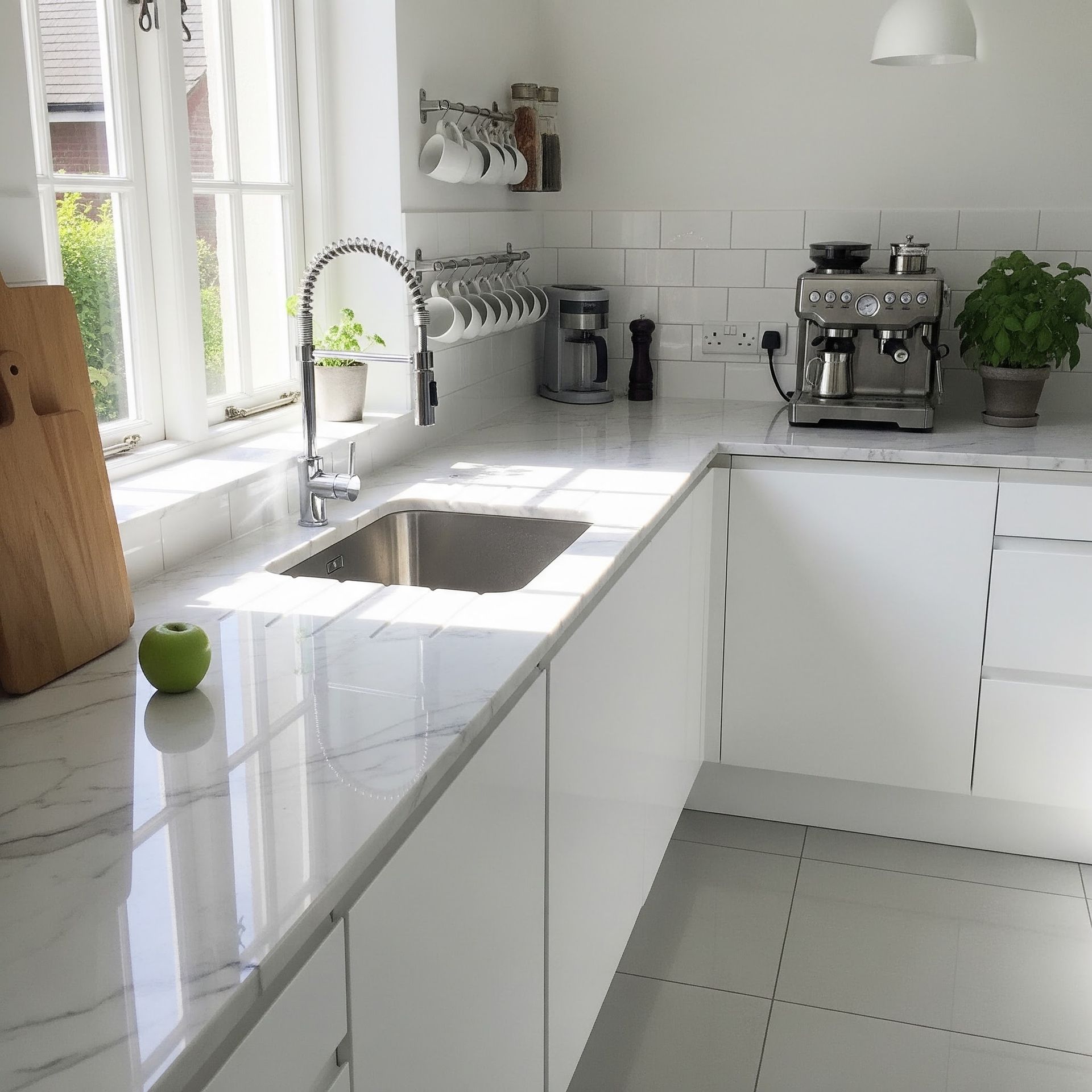 Bright white kitchen with marble island, sink, coffee machine, and sunlight from windows
