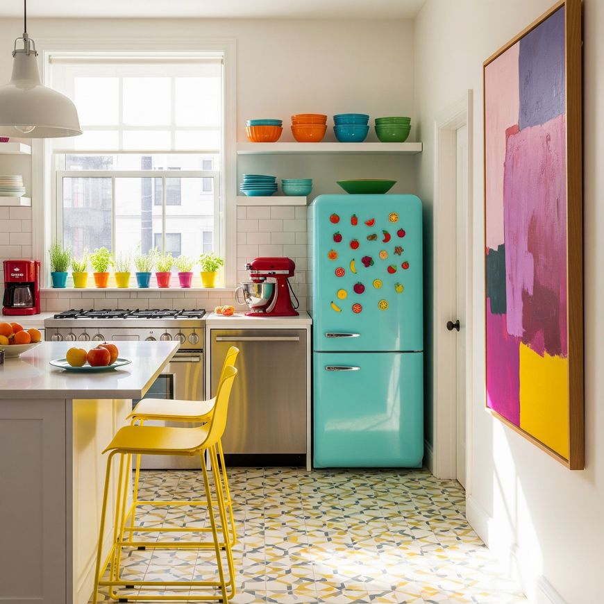 Colorful retro kitchen with yellow chairs, turquoise fridge, and bright patterned floor