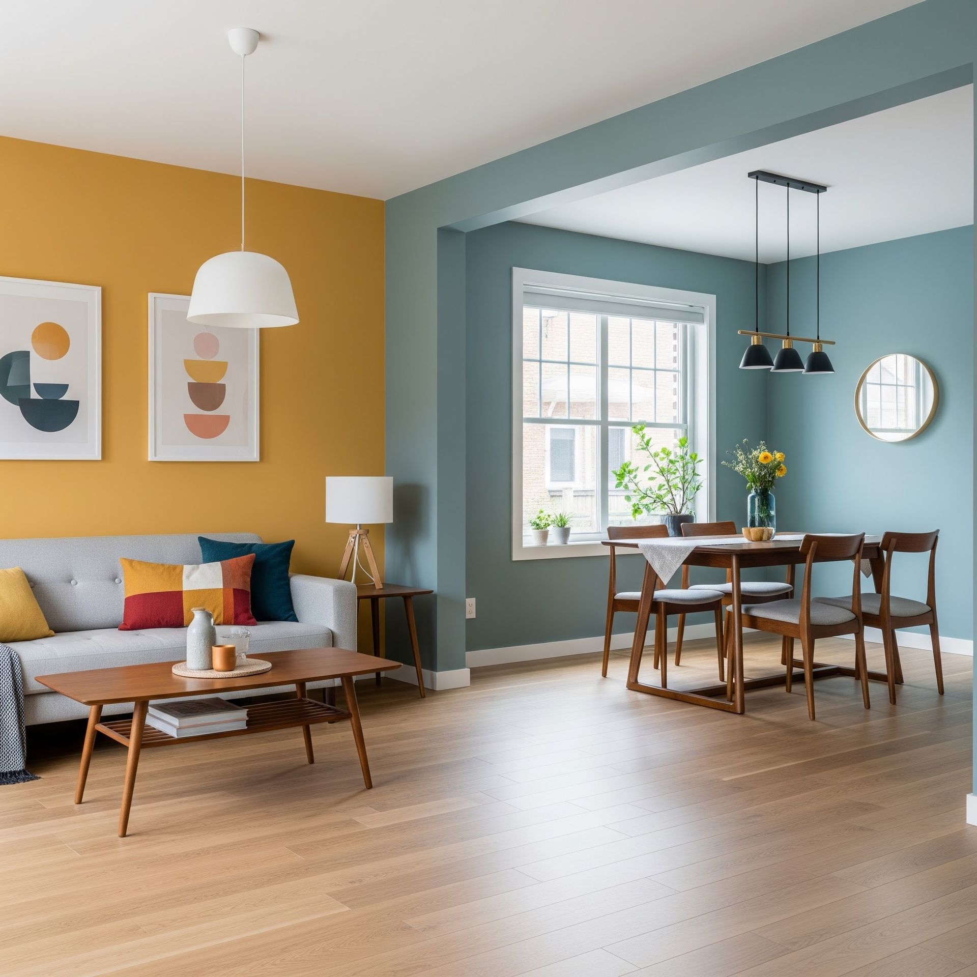 Bright modern living-dining room with blue and mustard walls, sofa, coffee table, and wooden dining set