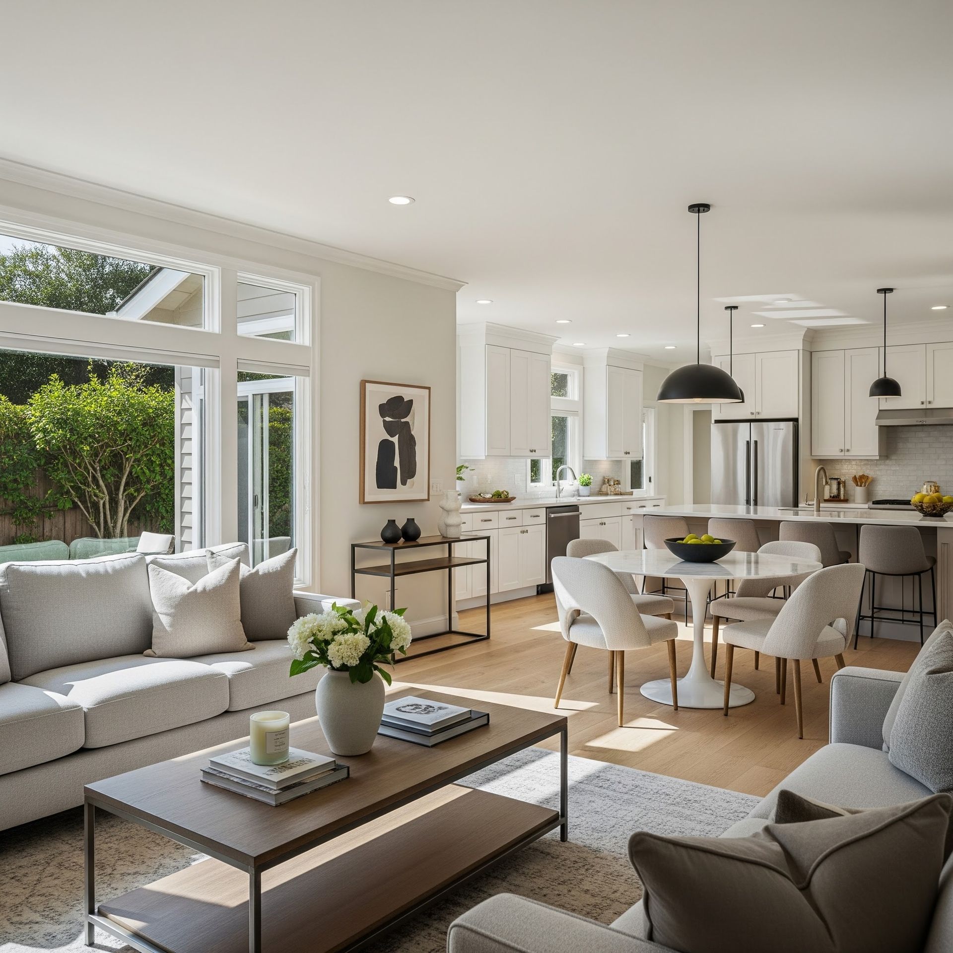 Bright modern living room with gray sofa, coffee table, dining area, and kitchen island in the background