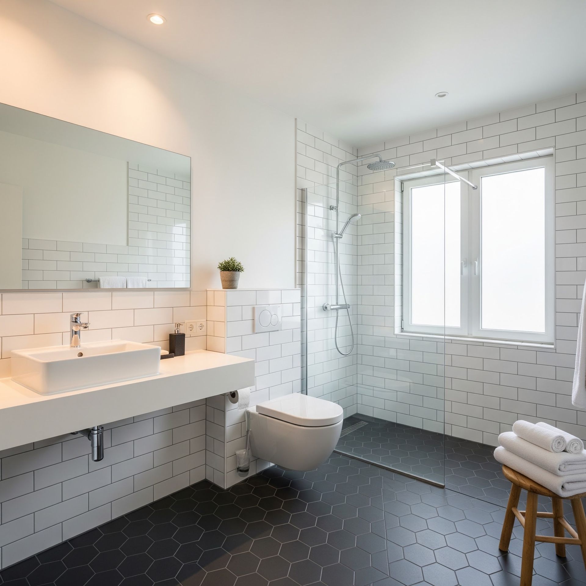 Modern bathroom with white tiled walls, black hex tile floor, floating vanity, toilet, window, and shower stool.