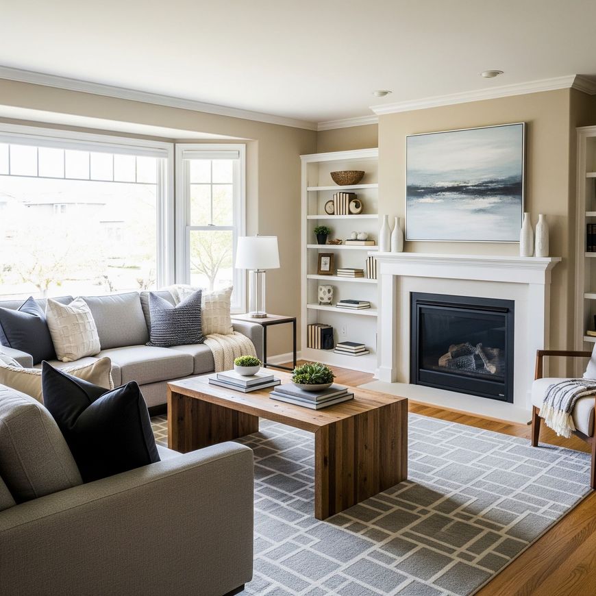 Bright living room with beige sofas, gray rug, wood coffee table, and fireplace beneath a landscape painting