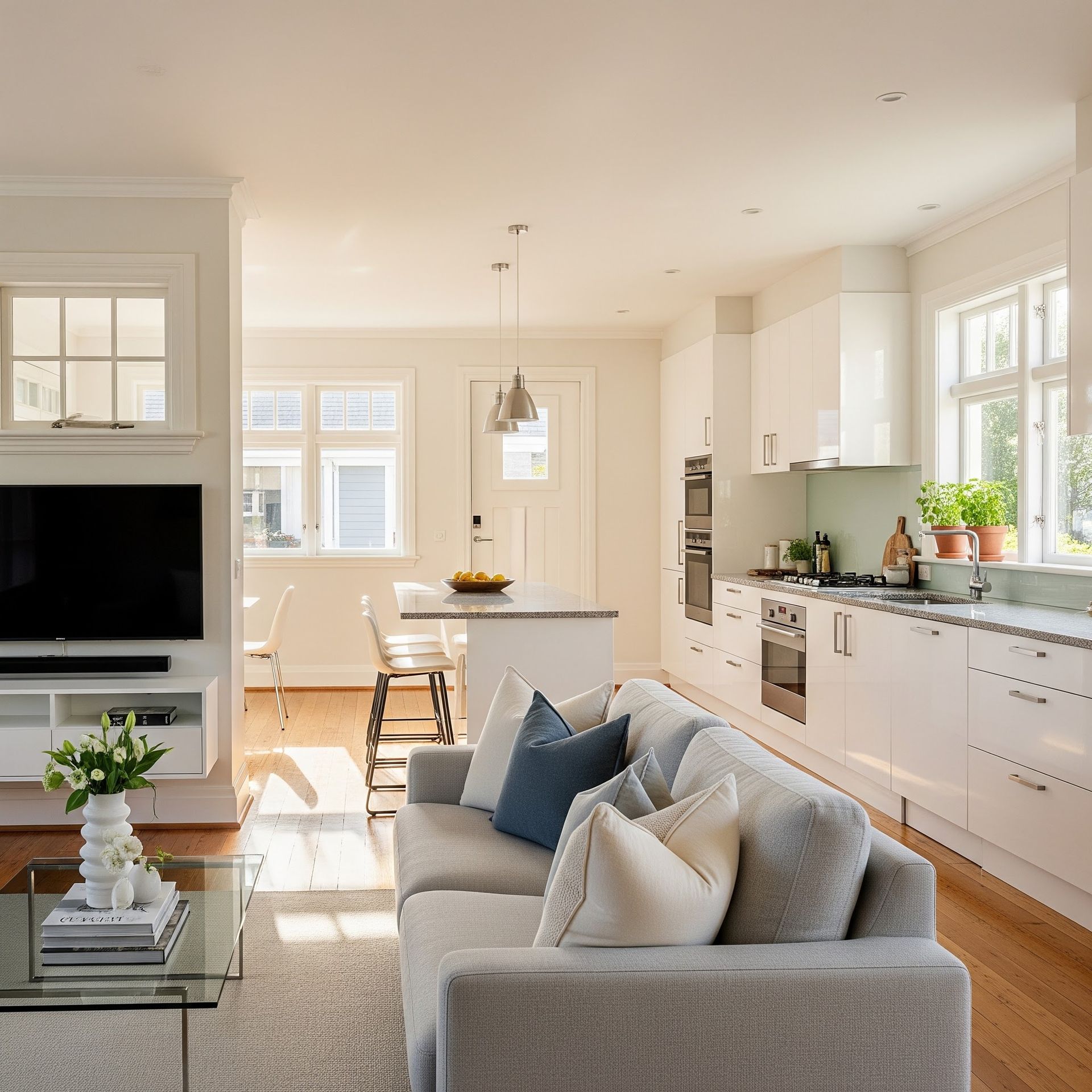 Bright open-plan living room and kitchen with white cabinets, gray sofa, large windows, and sunlit dining area