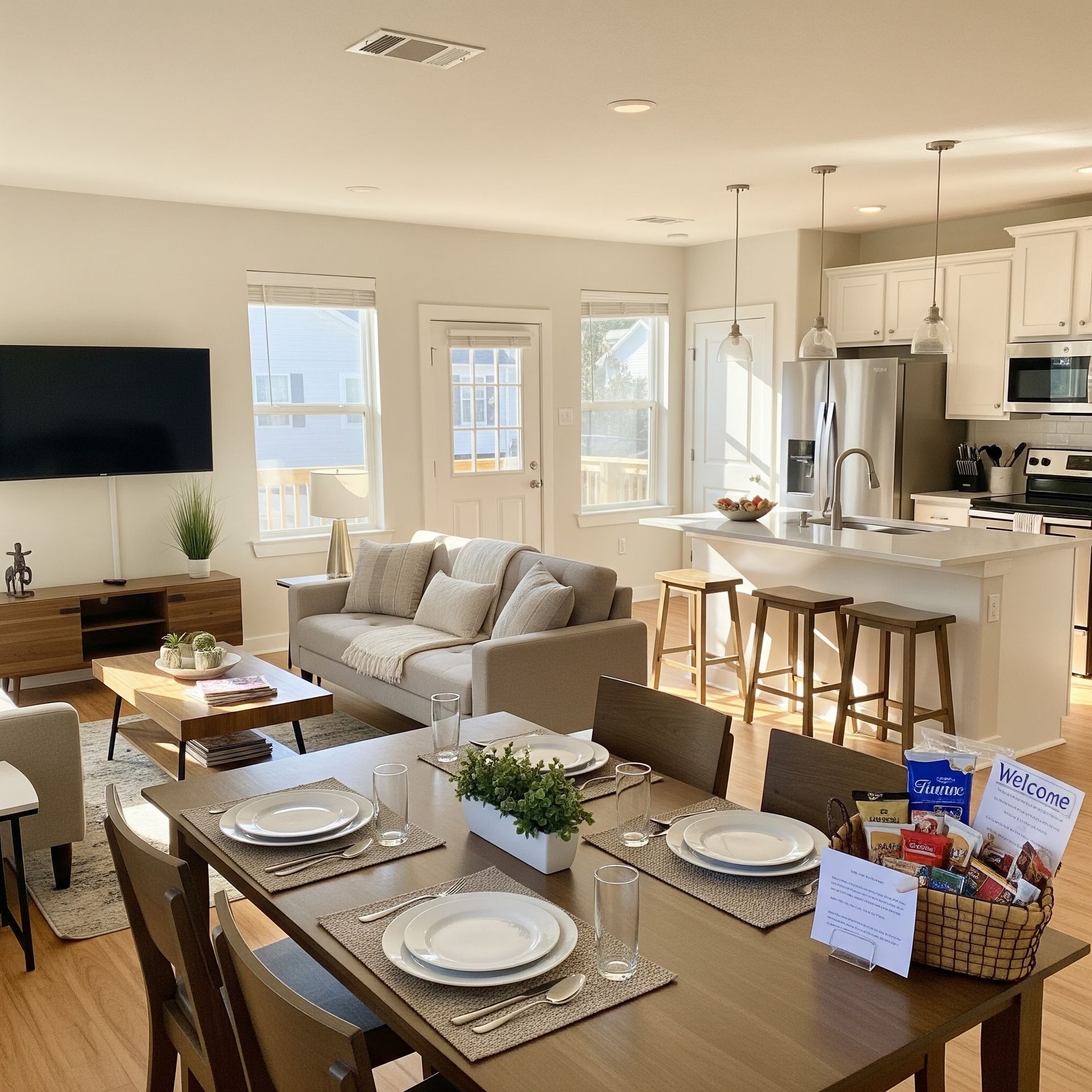 Bright open-concept living room and kitchen with dining table, gray sofa, wall-mounted TV, and sunlight.