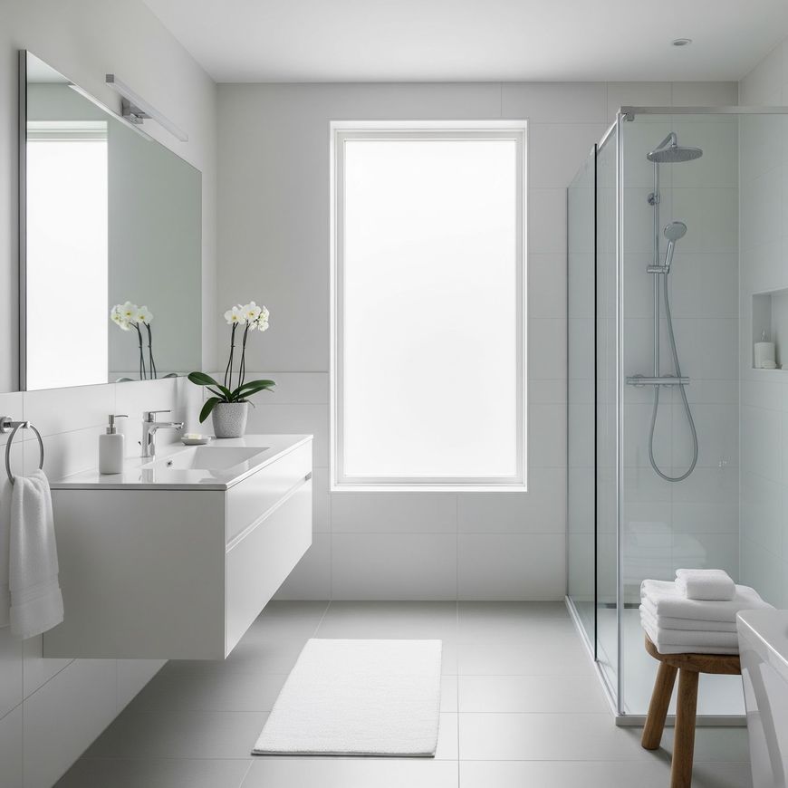 Modern white bathroom with a glass shower, floating vanity, mirror, and window light