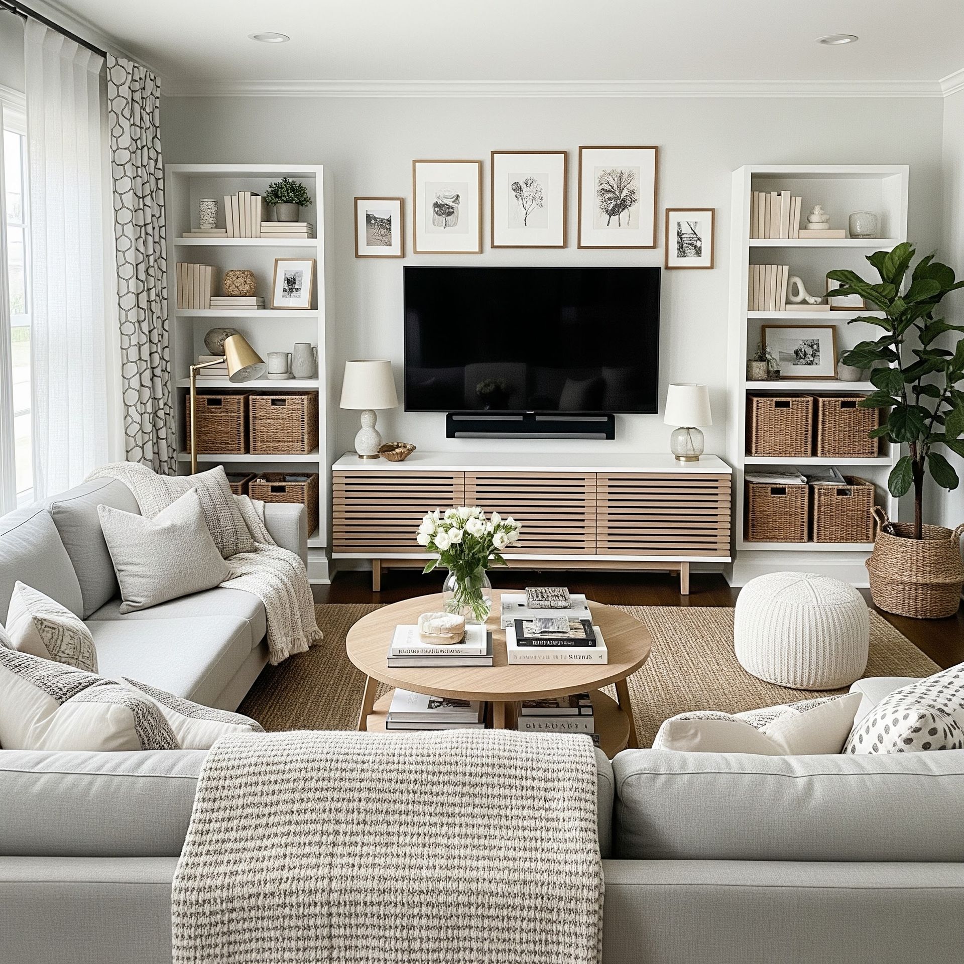 Bright, neutral living room with a TV, beige sofas, shelves, framed art, and woven storage baskets.