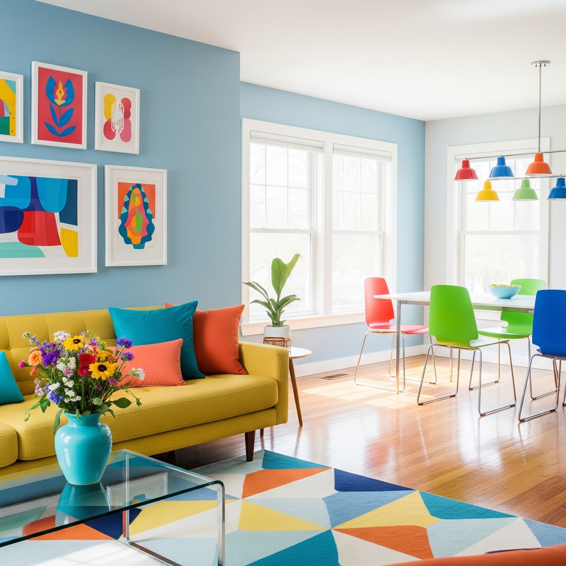 Colorful modern living-dining room with blue walls, yellow sofa, geometric rug, and bright chairs around a table