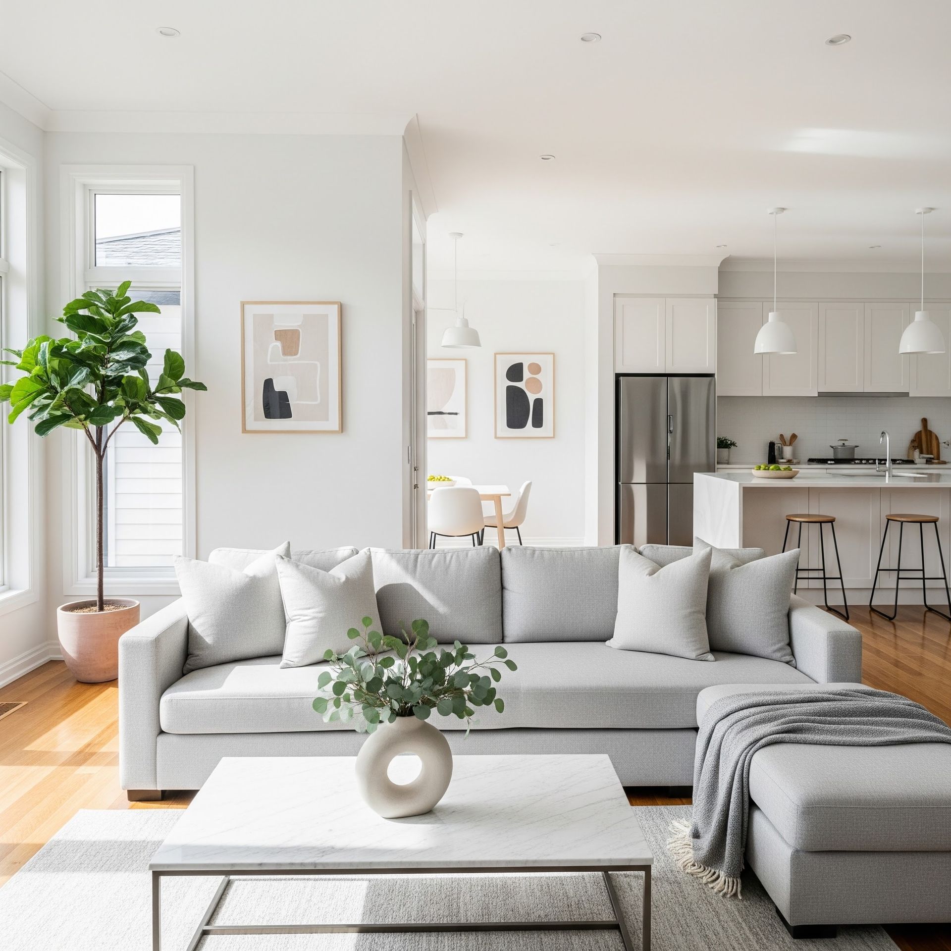 Bright modern living room with gray sofa, white coffee table, plant, and open kitchen in the background