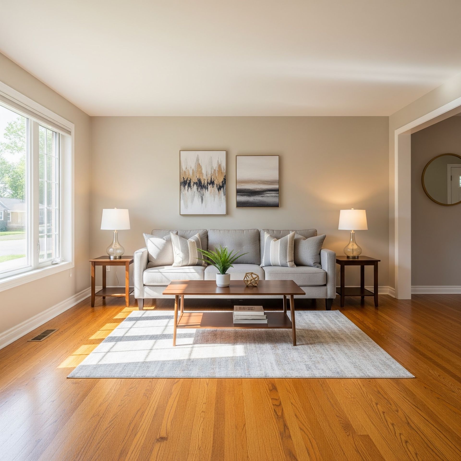 Bright living room with gray sofa, lamps, coffee table, wall art, and hardwood floor by large window