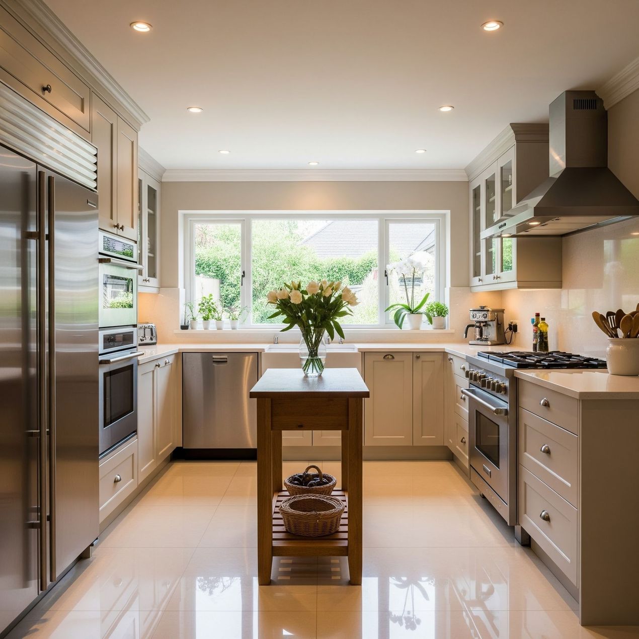 Bright modern kitchen with stainless steel appliances, white cabinets, and a central island with flowers.