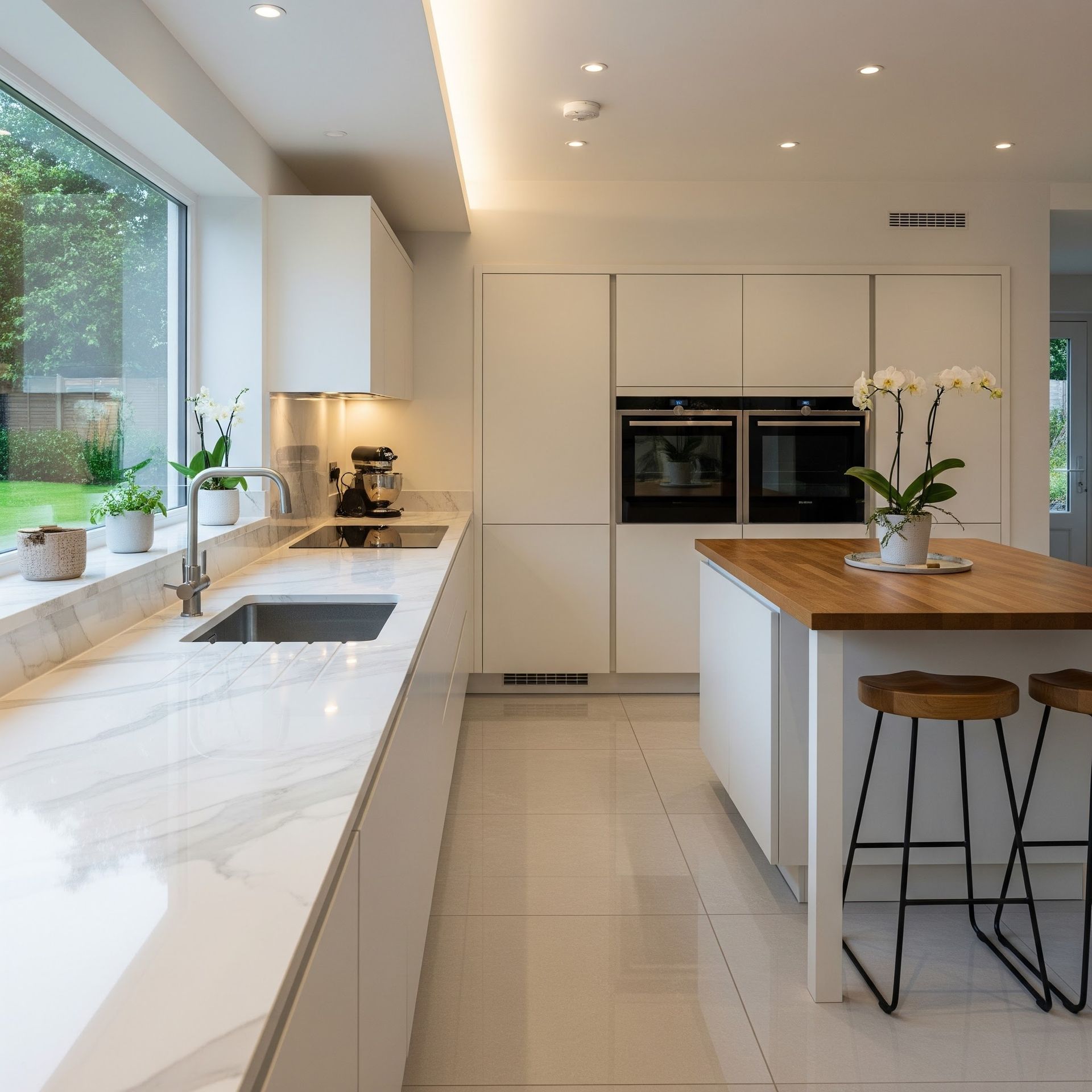 Bright modern white kitchen with marble island, wood countertop, built-in ovens, and large window.