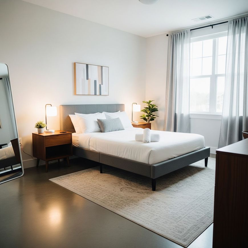 Minimal modern bedroom with a bed, nightstand lamps, rug, and large window with sheer curtains