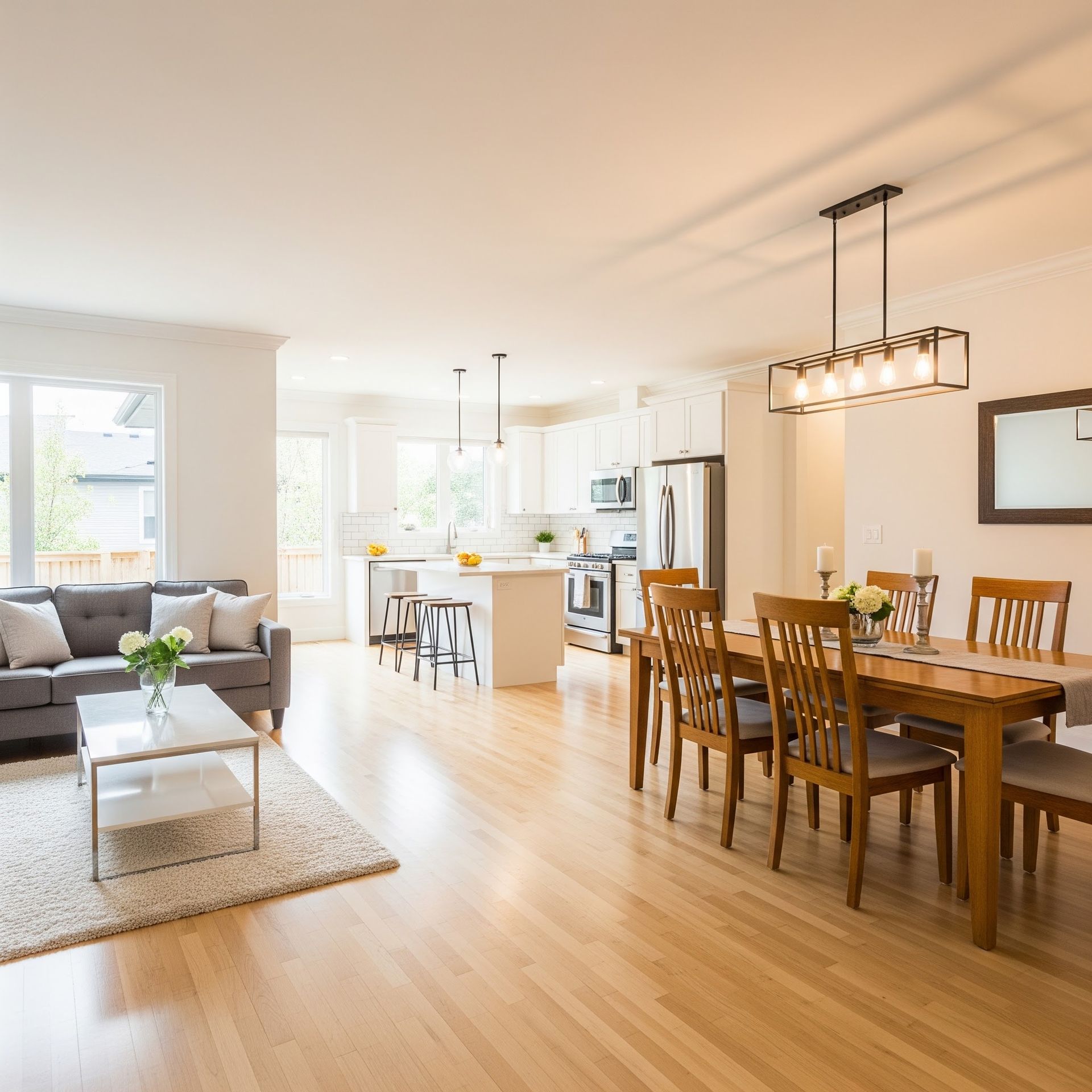 Bright open-concept living and dining room with light wood floors, gray sofa, and wooden table under pendant lights