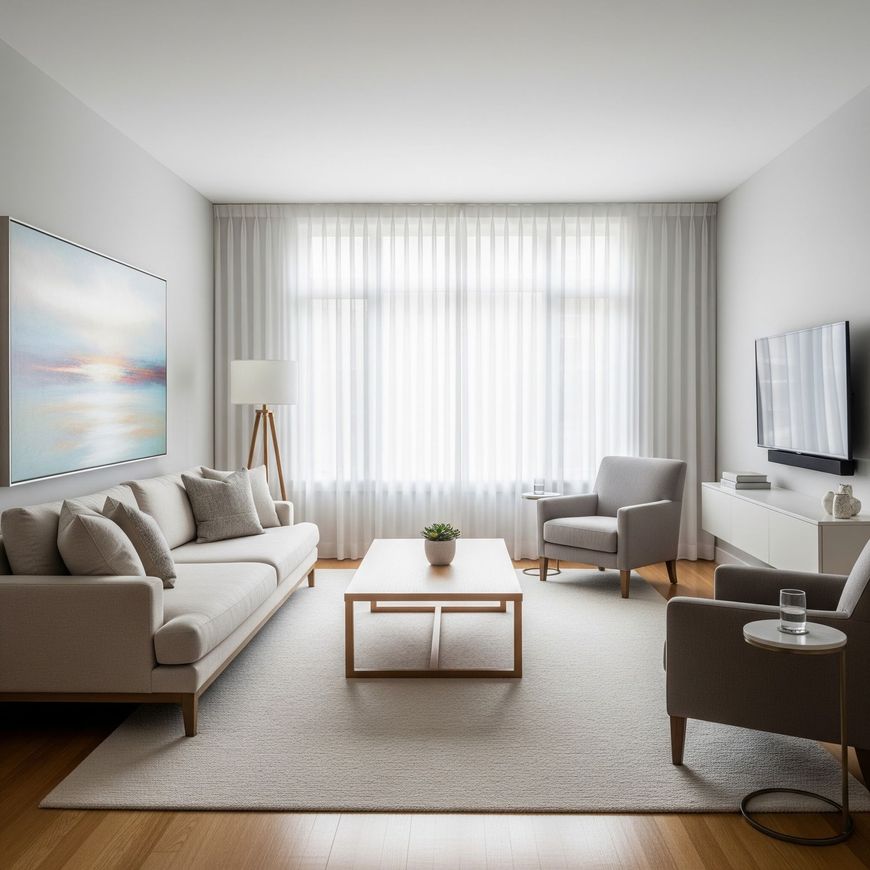 Modern living room with beige sofa, armchair, coffee table, TV, and sheer curtains over a large window