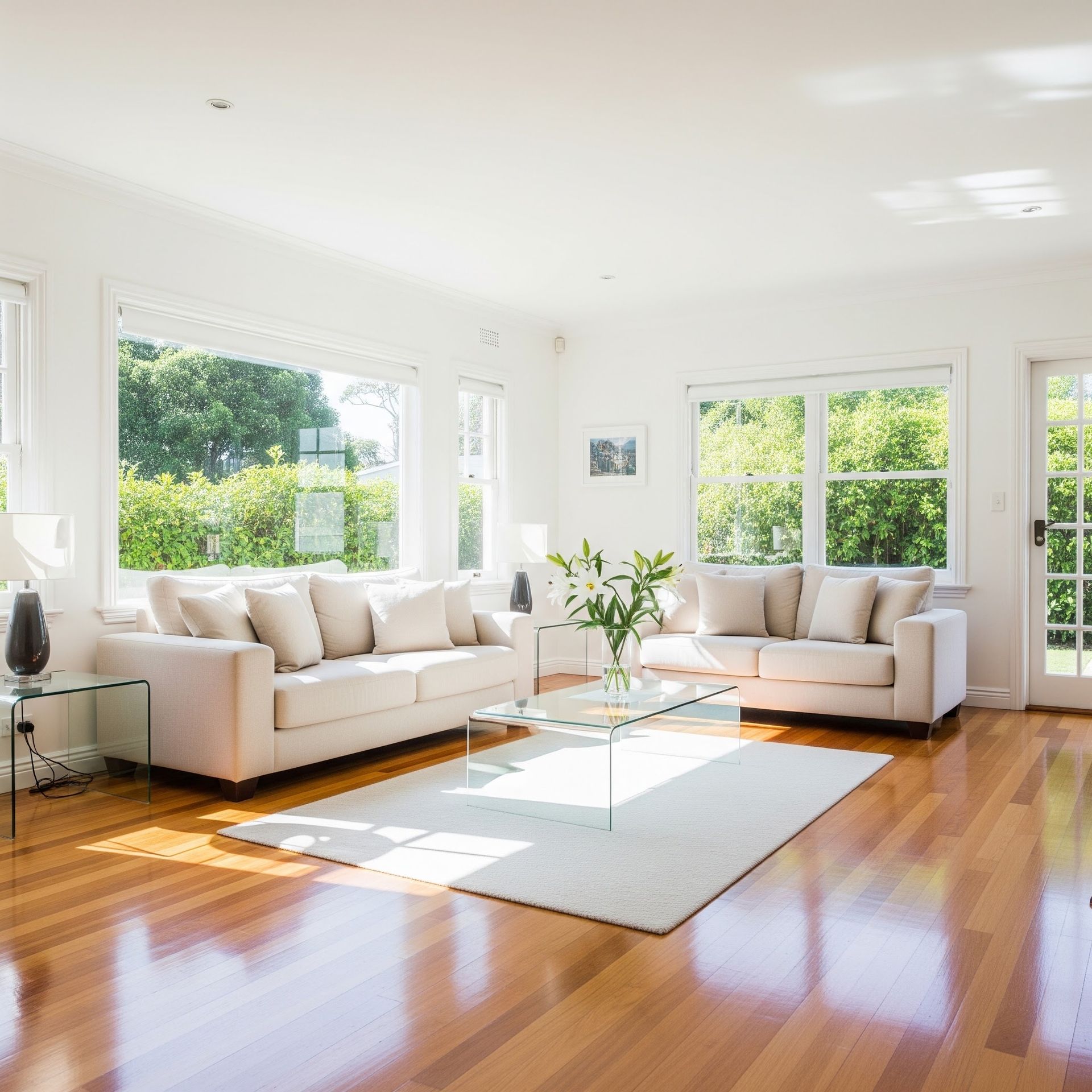 Bright sunlit living room with white sofas, glass coffee table, indoor plant, and polished wood floors