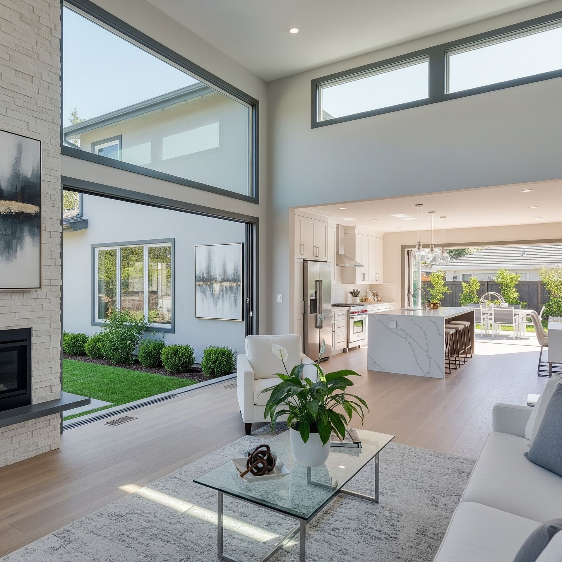 Modern open-plan living room with tall windows, fireplace, and a view of a bright kitchen and courtyard.