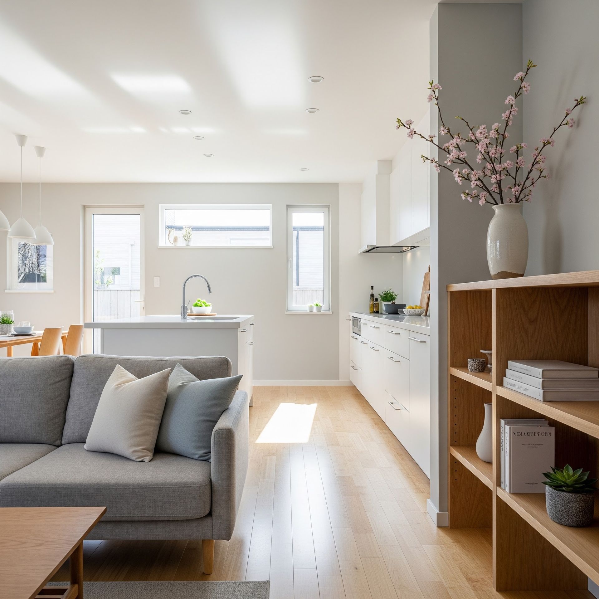 Bright modern open-plan living room and kitchen with gray sofa, wood shelving, and vase of pink blossoms