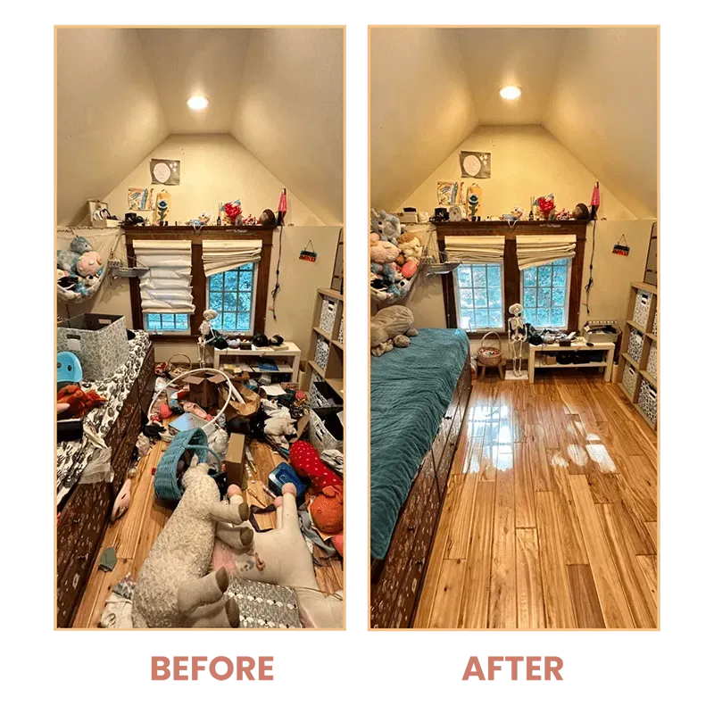 Before-and-after of a cluttered loft bedroom transformed into a tidy, open space with a bed and shiny wood floor.