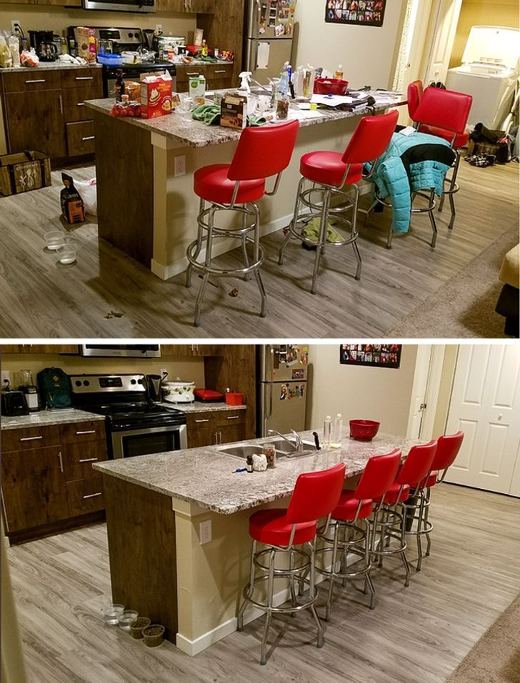 Kitchen before-and-after: cluttered counter on top, clean granite island with red stools below