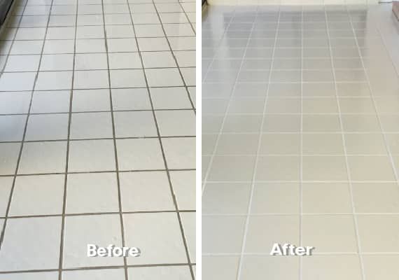 Tiled floor comparison labeled “Before” and “After,” showing cleaned, brighter tiles on the right.