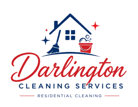 Darlington Cleaning Services logo with house, broom, bucket, and “Residential Cleaning” text