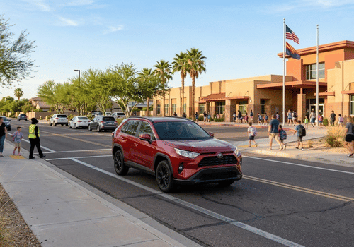 Red Toyota RAV4 driving through a school zone as students and families walk nearby