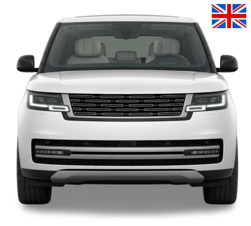 Front view of a white Range Rover SUV centered against a plain background with a small UK flag in the top right corner.