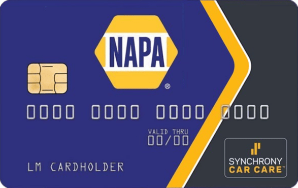 A blue and dark gray NAPA Auto Parts credit card with a Synchrony Car Care logo, chip, and generic cardholder information.