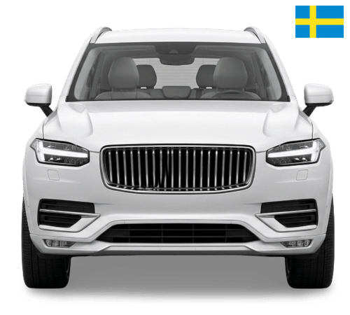 A front view of a white Volvo XC90 SUV with a small German flag icon in the upper right corner.