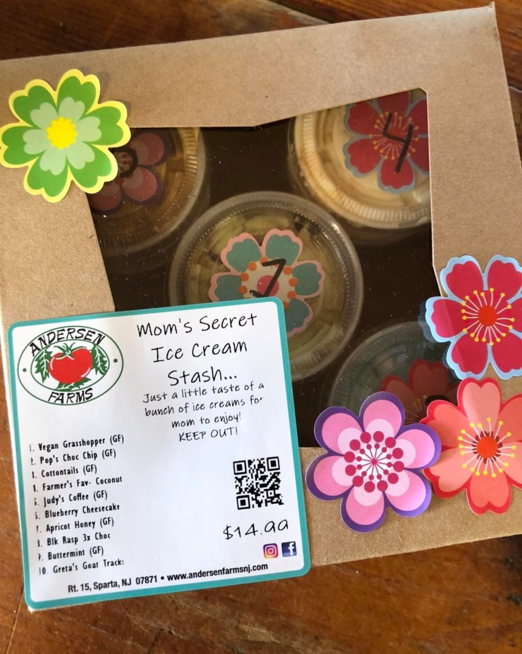 A box of mom 's secret ice cream with flowers on it