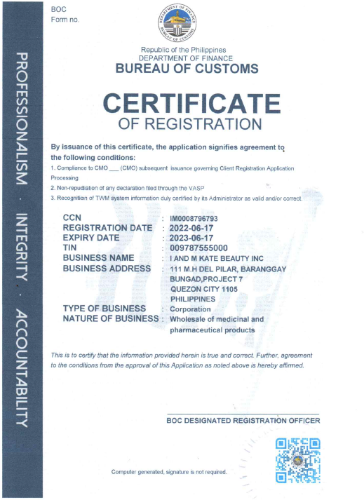 A certificate of registration from the bureau of customs