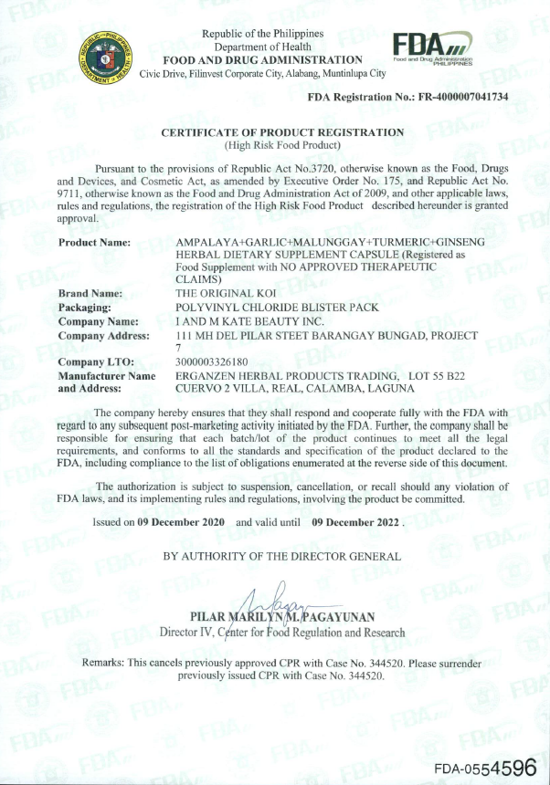 A certificate of product registration from the food and drug administration