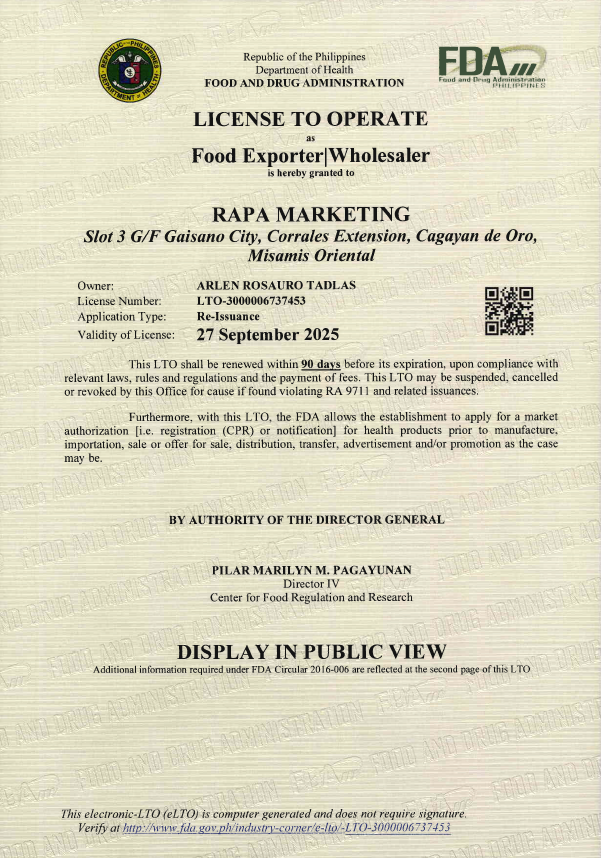 A license to operate food exporter wholesaler is displayed in public view.