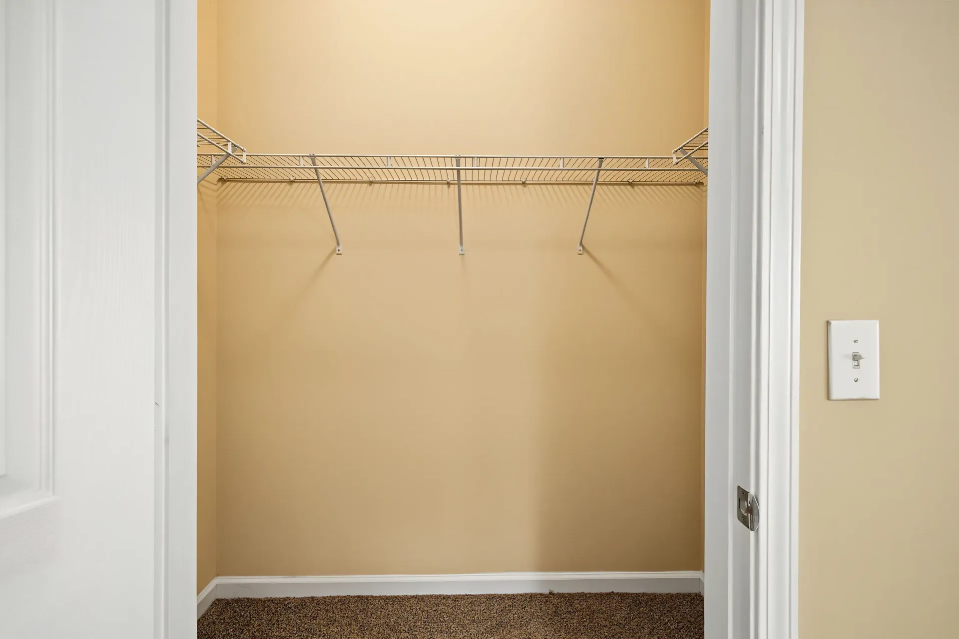 Empty walk-in closet with wire shelving.