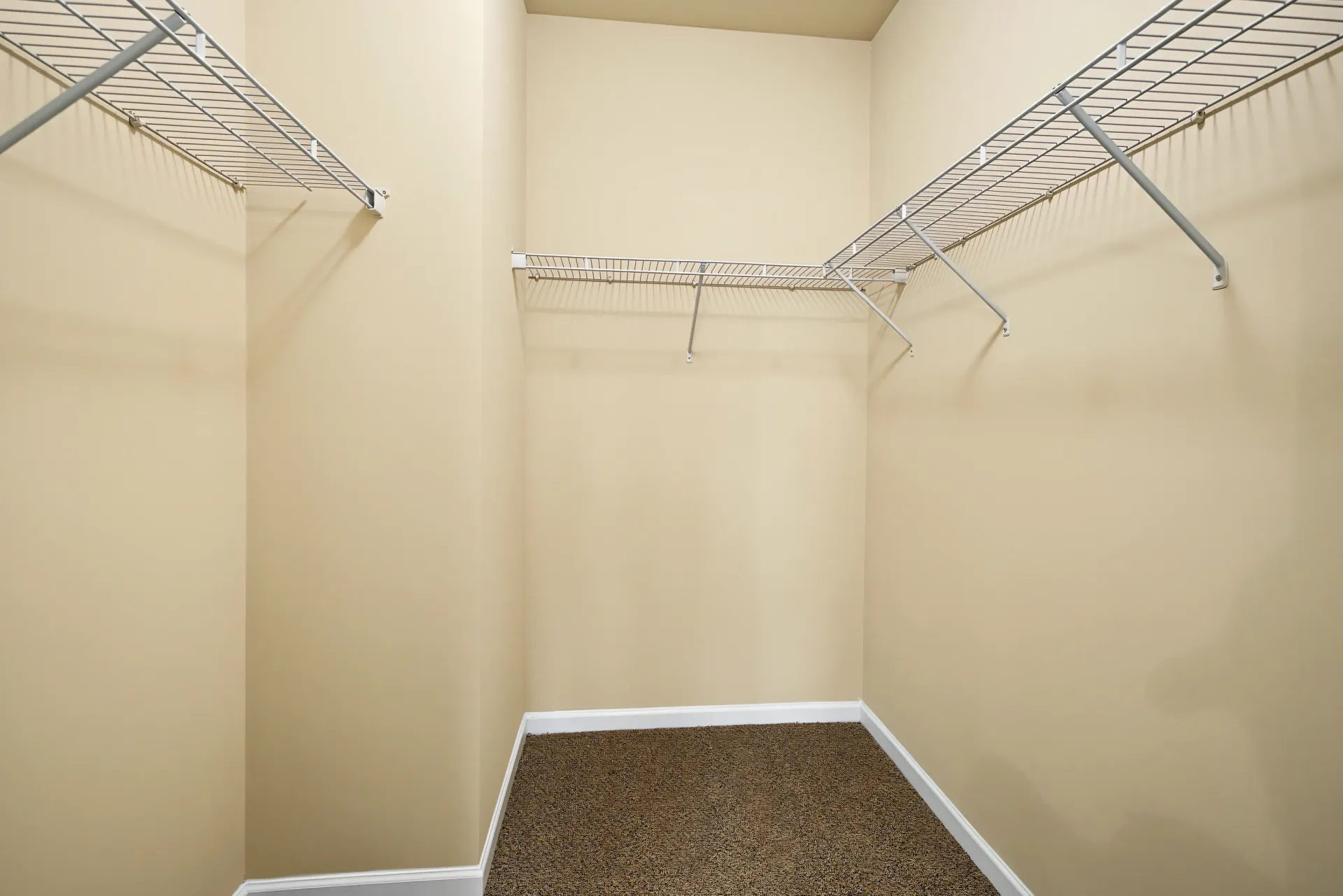 Empty walk-in closet with shelving.