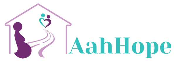 The logo for aah hope is a purple house with a pregnant woman in it.
