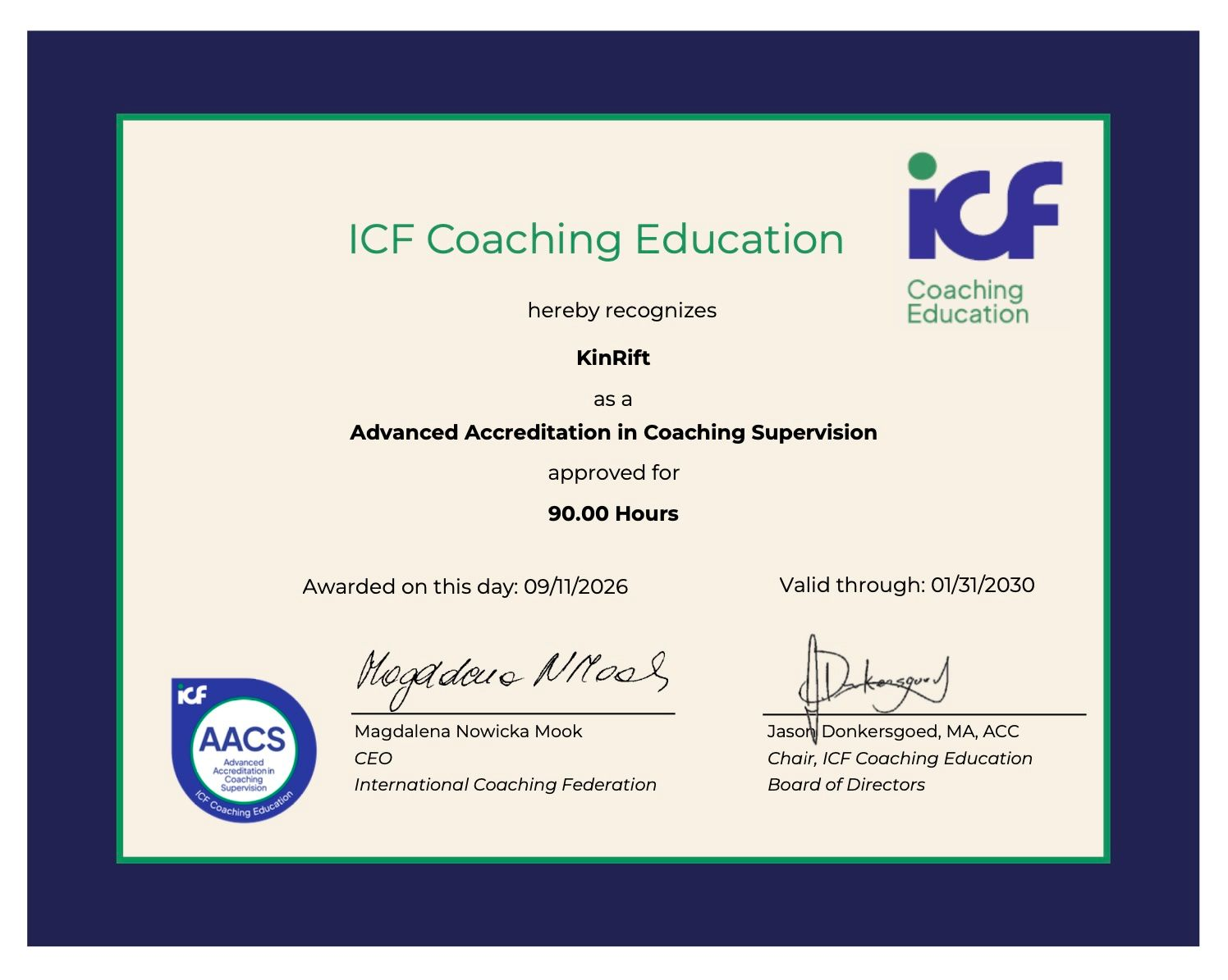 ICF coaching education certificate with green border and ICF logo, awarded to an attendee.
