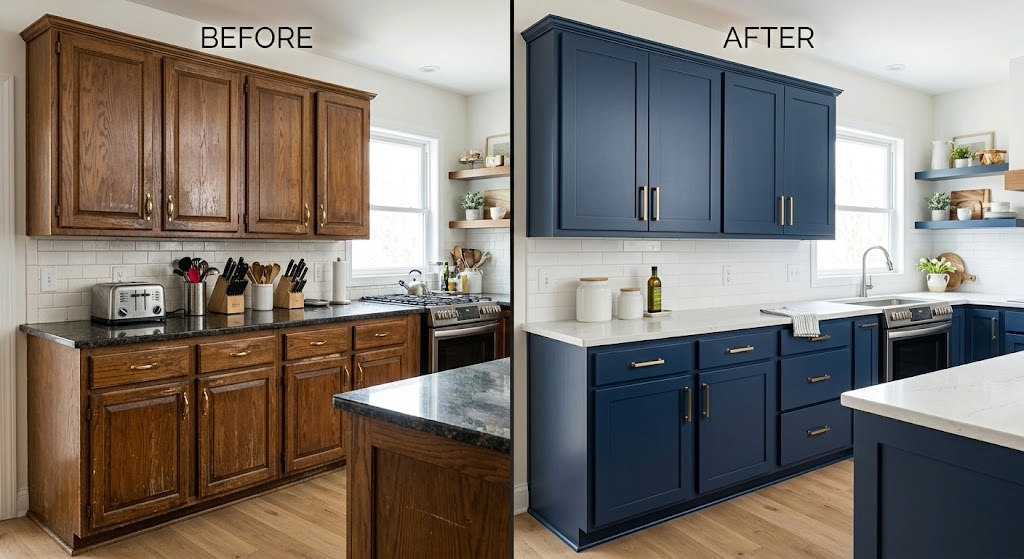 Before-and-after kitchen cabinets: stained wood changed to matte navy blue.