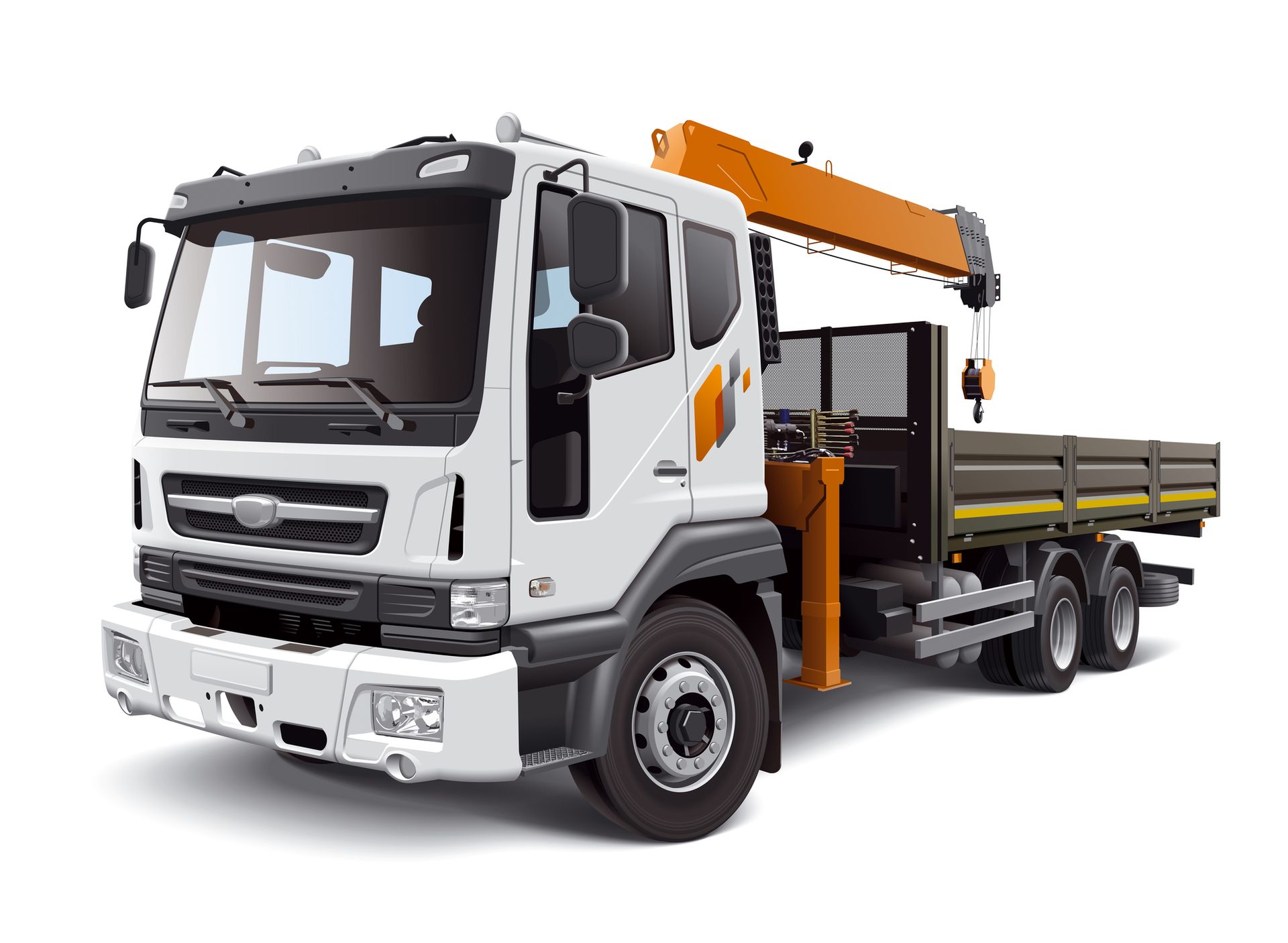 A white truck with a crane on the back of it.